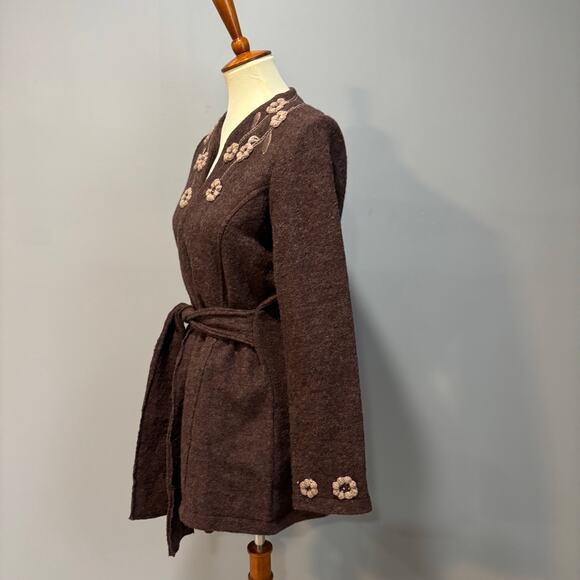 Vintage 90s Y2K Cynthia Rowley floral-trim brown wool tie sweater coat, Size M - Picture 3 of 9